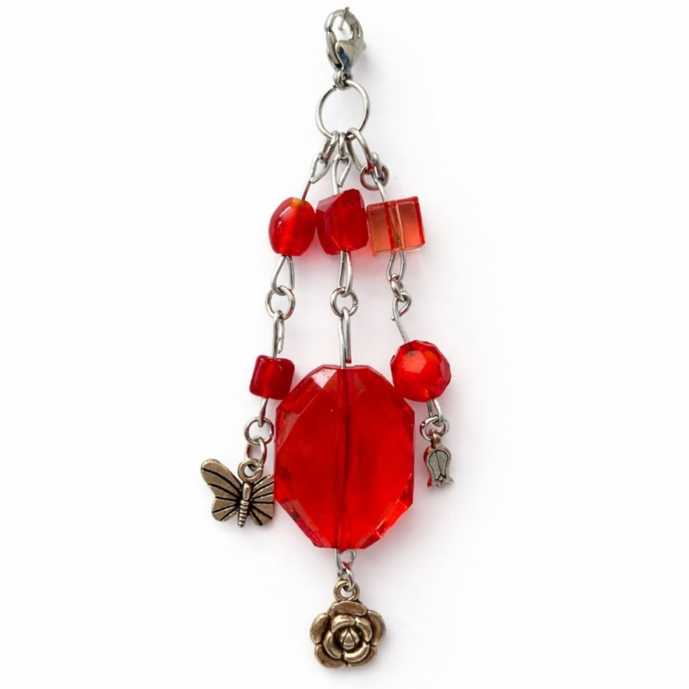 Red Crystal Beaded Floral Flower Charm - Keychain Bag Charm Zipper Pull